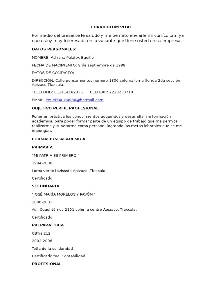 me permito enviarle mi curriculum vitae me permito enviarle mi curriculum vitae